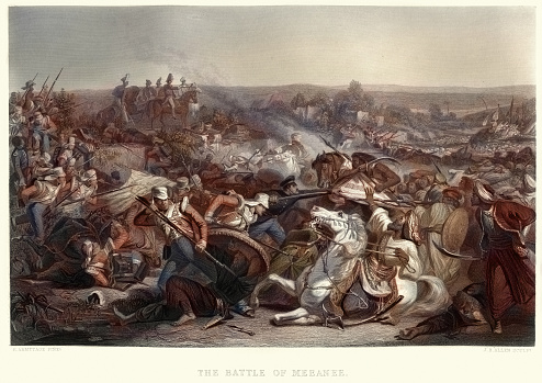 Vintage engraving of The Battle of Miani (or Battle of Meeanee) a battle between British East India company forces under Charles Napier and the Talpur Amirs of Sindh led by Mir Nasir Khan Talpur. The Battle took place on 17 February 1843 at Miani, Sindh.