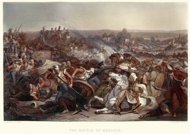 The Battle of Miani (or Battle of Meeanee), 1843 Vintage engraving of The Battle of Miani (or Battle of Meeanee) a battle between British East India company forces under Charles Napier and the Talpur Amirs of Sindh led by Mir Nasir Khan Talpur. The Battle took place on 17 February 1843 at Miani, Sindh. business battle stock illustrations
