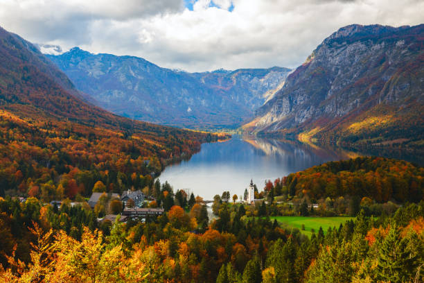 widok z lotu ptaka na jezioro bohinj w alpach julijskich, słowenia - julian alps lake bohinj lake bohinj zdjęcia i obrazy z banku zdjęć