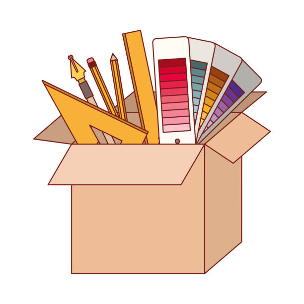 ilustrações, clipart, desenhos animados e ícones de caixa de papelão com ferramentas de design gráfico na silhueta colorida com contorno vermelho fino - text graph box education
