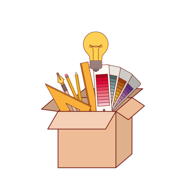 ilustrações, clipart, desenhos animados e ícones de caixa de papelão com ferramentas de design gráfico criativas em silhueta colorida com contorno vermelho fino - text graph box education