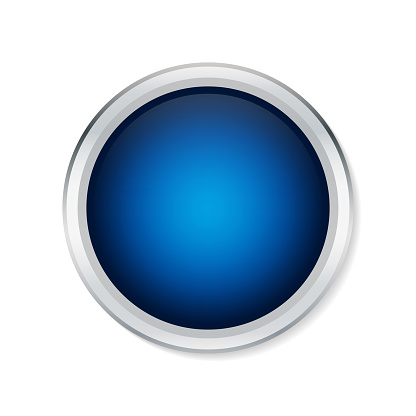 Blue shiny button with metallic elements isolated on white background