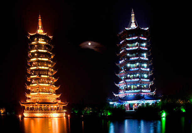 Night view of light up temple in Hoa Lu ancient town, Ninh Binh Vietnam.