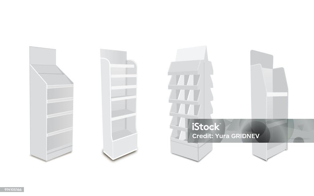 White Long Blank Empty Showcase Displays With Retail Shelves. 3D Products On White Background Isolated. Ready For Your Design Avy Scott Shelf stock vector