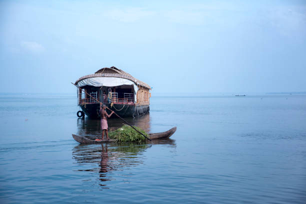 Beautiful trip on one of the floating houseboats in Kerala Backwater. Farmer passing by a houseboat in his small canoe, after having harvested some greens.