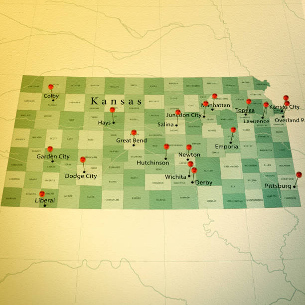 istock Kansas Map Square Cities Straight Pin Vintage 914111352