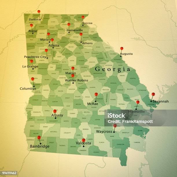 Georgia State Map Square Cities Straight Pin Vintage Stock Photo - Download Image Now