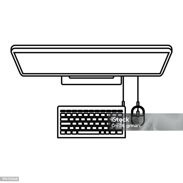Desktop Computer On Top View In Black Contour Stock Illustration ...