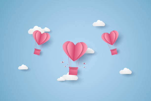 illustrazioni stock, clip art, cartoni animati e icone di tendenza di san valentino, illustrazione d'amore, mongolfiere a cuore rosa che volano nel cielo blu, stile carta arte - love transportation cloud cloudscape