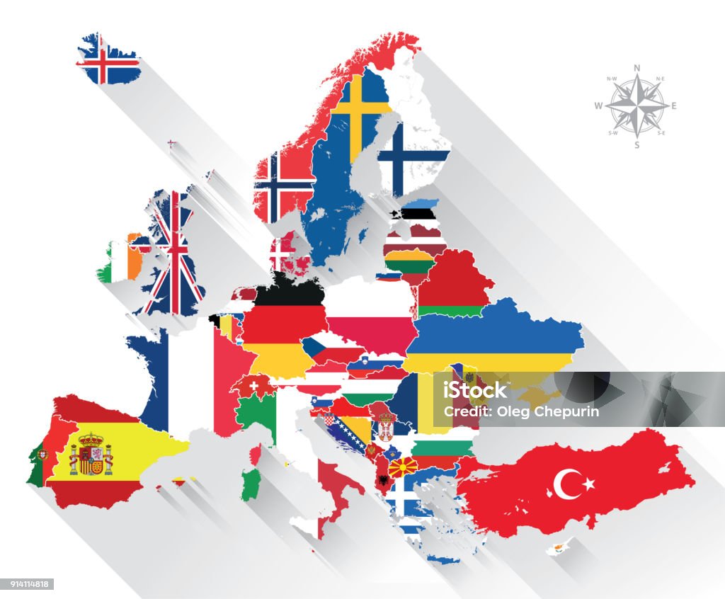 mappa vettoriale dell'Europa mescolata con bandiere paesi - arte vettoriale royalty-free di Carta geografica