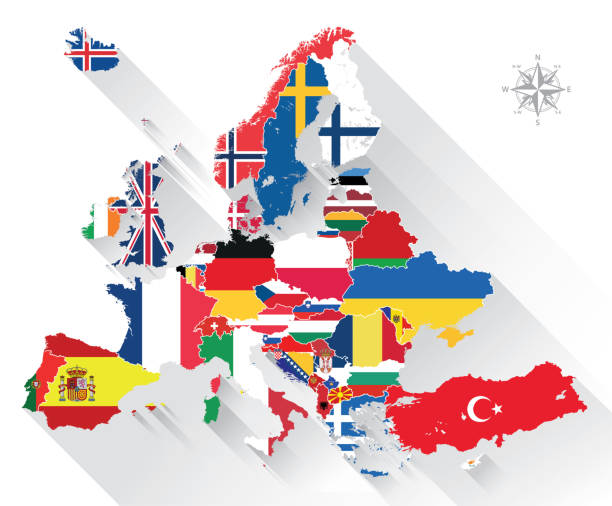 ilustrações de stock, clip art, desenhos animados e ícones de vector map of europe mixed with countries flags - denmark map flag europe