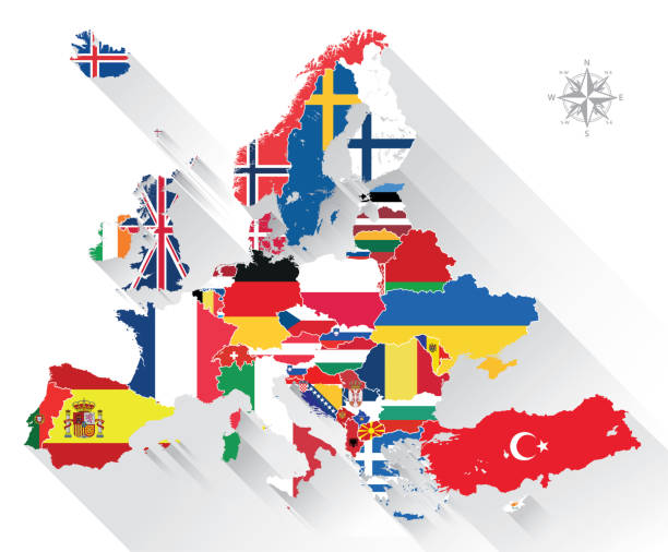 векторная карта европы, смешанная с флагами стран - spain switzerland stock illustrations
