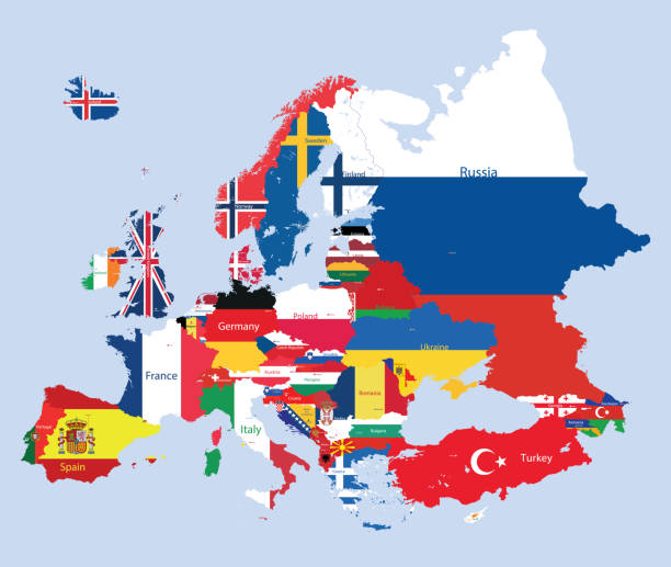 ilustraciones, imágenes clip art, dibujos animados e iconos de stock de mapa del vector de europa mezclados con banderas de países - mediterranean sea sea greece mediterranean countries