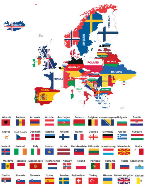 vector map of Europe mixed with country flags. Collection of all European flags vector map of Europe andorra map stock illustrations