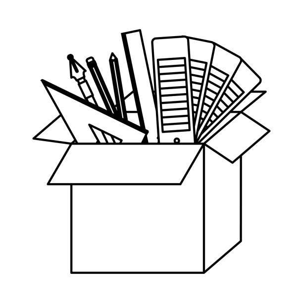 ilustrações de stock, clip art, desenhos animados e ícones de cardboard box with graph design tools in black contour - text graph box education