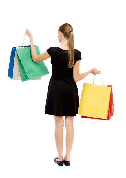 バックのショッピングバッグを持つ女性。 - women domestic cat vertical studio shot ストックフォトと画像