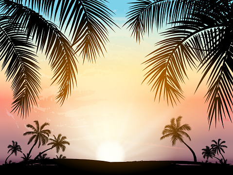Card with realistic palm trees silhouette on tropical grunge sunset beach background.