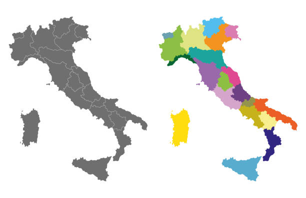 illustrazioni stock, clip art, cartoni animati e icone di tendenza di vettore italia mappa alta dettagliata colorata per regioni - marche