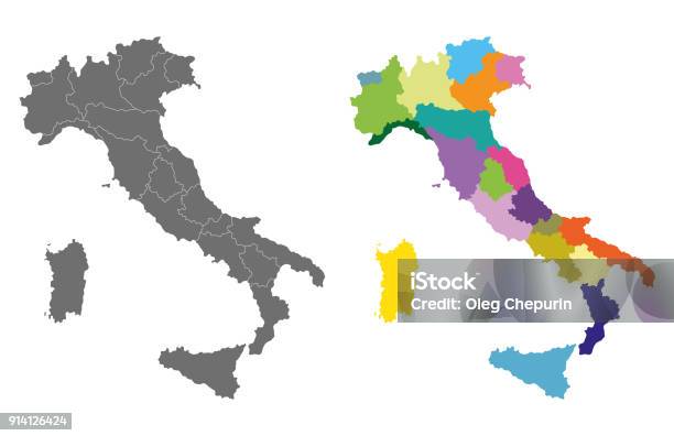 Vector Italy High Detailed Map Colored By Regions Stock Illustration - Download Image Now - Italy, Map, Division