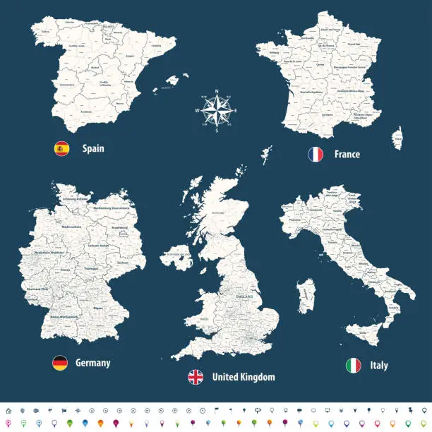 Vector illustration of high detailed vector maps of United Kingdom, Italy, Germany, France and Spain with administrative divisions. All layers detachable and labeled.