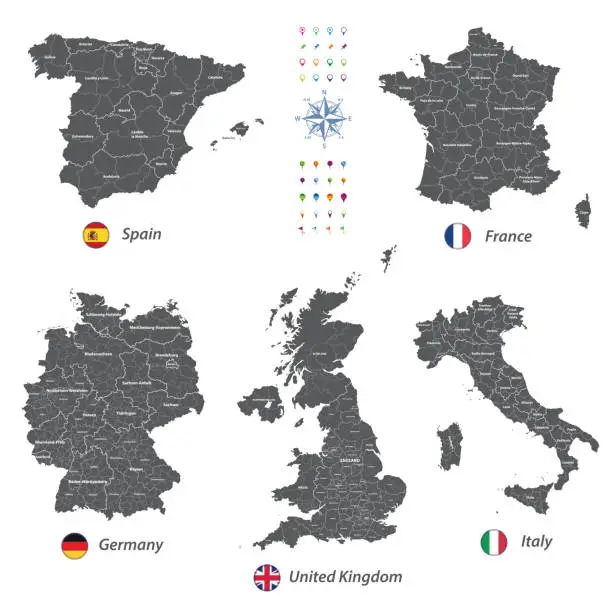 Vector illustration of high detailed vector maps of United Kingdom, Italy, Germany, France and Spain with administrative divisions. All layers detachable and labeled.