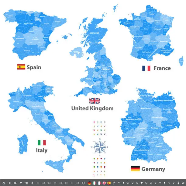 Vector illustration of high detailed vector maps of United Kingdom, Italy, Germany, France and Spain with administrative divisions. All layers detachable and labeled.