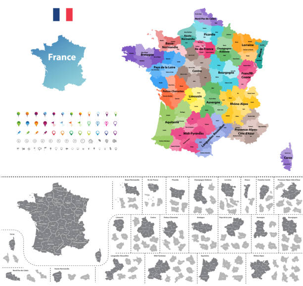 ilustrações, clipart, desenhos animados e ícones de frança mapa vetorial detalhada alta colorido por regiões. todas as camadas detachabel e rotulado. - wine region