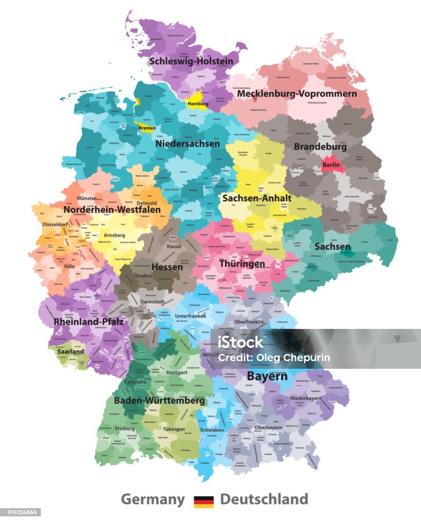 Germany high detailed map (colored by states and administrative districts) with subdivisions. All layers detachabel and labeled. Vector Germany stock vector