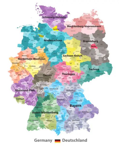 Vector illustration of Germany high detailed map (colored by states and administrative districts) with subdivisions. All layers detachabel and labeled. Vector