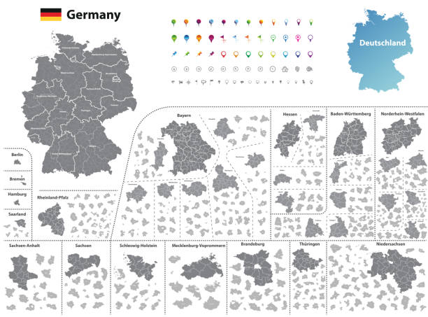 illustrazioni stock, clip art, cartoni animati e icone di tendenza di germania mappa dettagliata alta (colorata da stati e distretti amministrativi) con suddivisioni. tutti gli strati si staccano ed etichettati. vettore - baviera