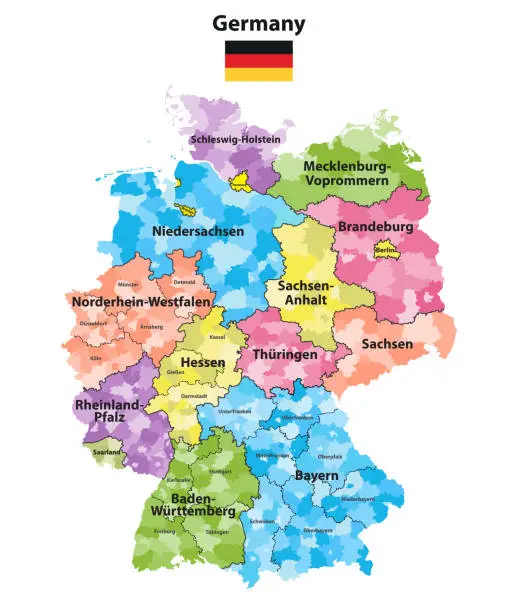 Vector illustration of Germany high detailed map (colored by states and administrative districts) with subdivisions. All layers detachabel and labeled. Vector