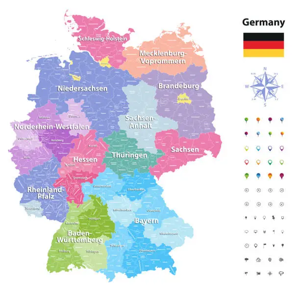 Vector illustration of Germany high detailed map (colored by states and administrative districts) with subdivisions. All layers detachabel and labeled. Vector