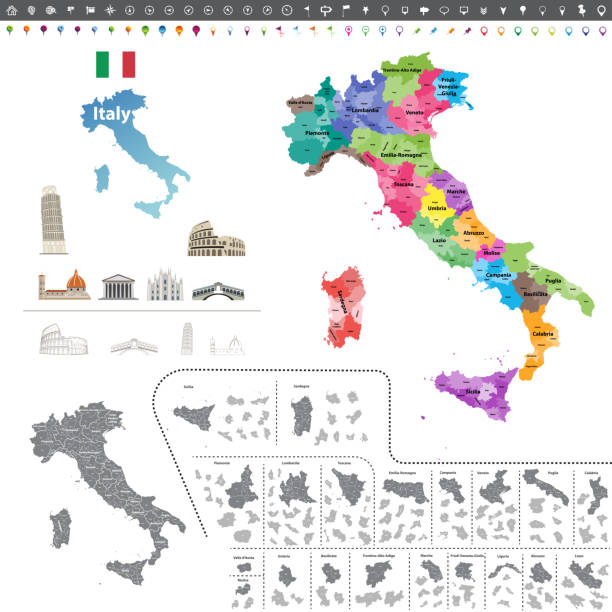 illustrations, cliparts, dessins animés et icônes de vector italie haute carte détaillée colorée par régions avec un drapeau et d’icônes &amp; spectacles itlalian. tous les calques détachables et étiquetées. - trentino alto adige