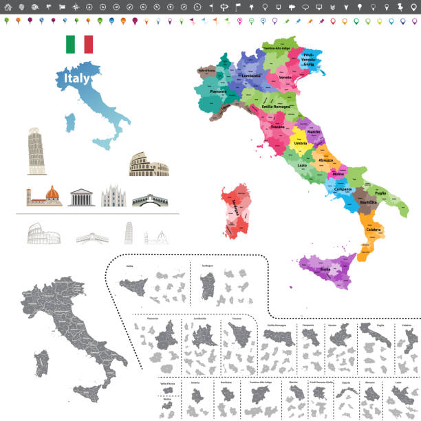 이탈리아 높은 상세한 지도 플래그와 itlalian sightseeings 아이콘 영역에 의해 색 벡터. 모든 레이어 분리형 및 레이블입니다. - trentino alto adige stock illustrations