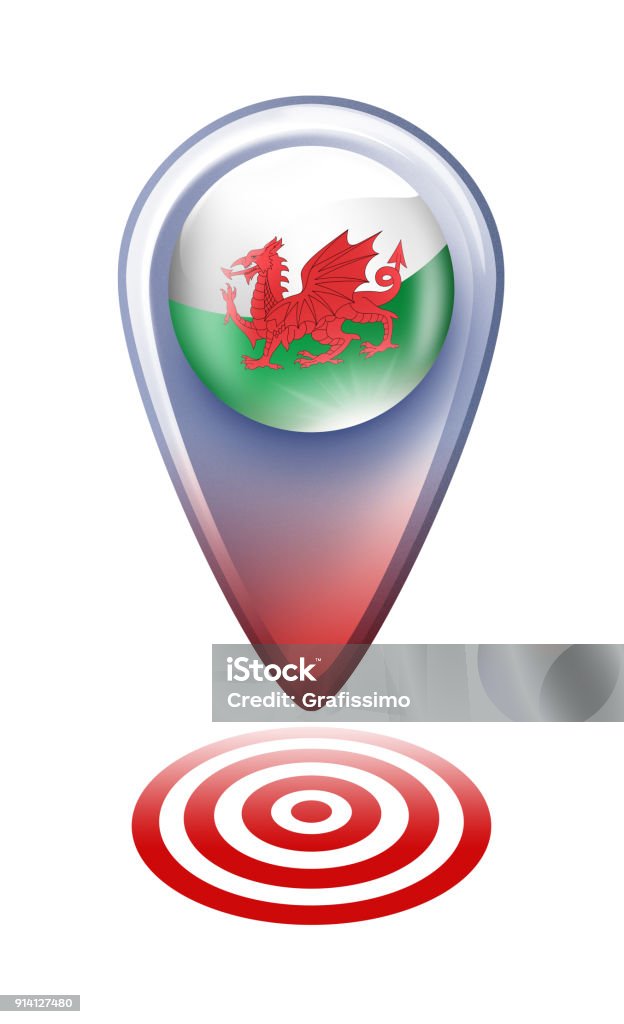 Wales button map pointer with welsh flag isolated on white Aiming stock illustration