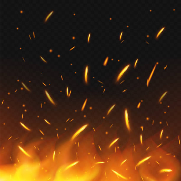 illustrazioni stock, clip art, cartoni animati e icone di tendenza di scintille di fuoco che volano. texture tempesta di fuoco. scintille carbone. su sfondo trasparente. illustrazione vettoriale. - campfire coal burning flame