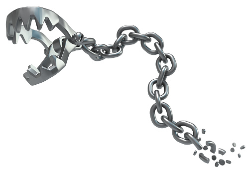 Metal chain jaws clamp detached, dark metal 3d illustration, isolated, horizontal, over white