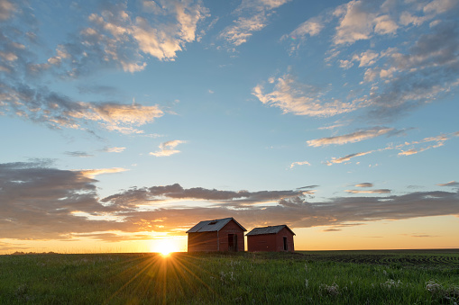 Red granaries at sunset, farmer's field near Grande Prairie, Northern Alberta.