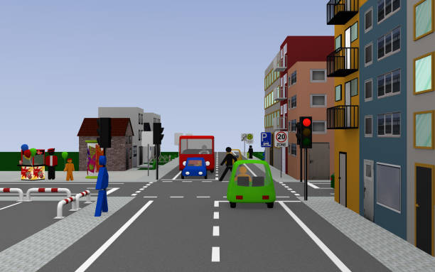 istock City view with traffic light intersection and the signs, zone 20, school bus stop with German text: Schullbus weekdays, parking allowed on the sidewalk, and end zone 20. 914137950