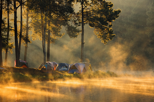 landscape with fog in the morning at the  lake,majestic sunrise or sunset in the mountains landscape,Tourists camping at the lake with foggy in the morning,Pang Ung, Mae Hong Son, Thailand