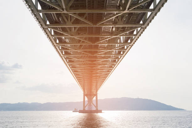 istock Under steel suspension bridge over ocean 914148144