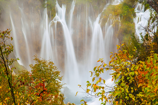 Autum colors and waterfalls of Plitvice National Park in Croatia