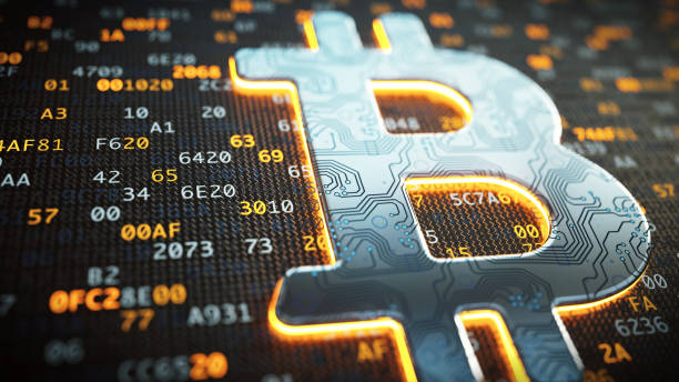 bitcoin 金属回路ロゴ極端なクローズ アップ - binary code close up computer data ストックフォトと画像