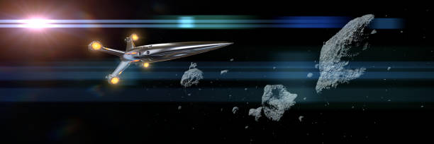 istock spaceship flying through asteroid field lit by the Sun 914152396