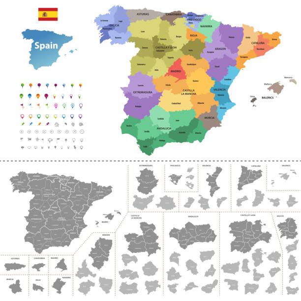 hiszpania wysoka szczegółowa mapa wektorowa (barwiona przez społeczności autonomiczne) z podziałami administracyjnymi. wszystkie warstwy można odłączyć i oznaczyć etykietą. - barcelona sevilla stock illustrations