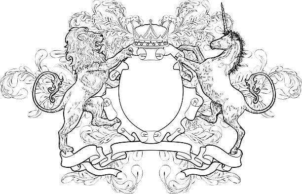 монохромный лев и единорог щит герба - shield parchment coat of arms scroll stock illustrations
