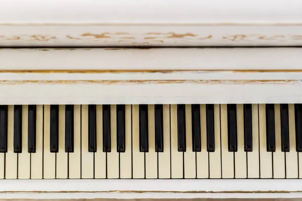Photo of Piano close-up, musical instrument. learn to play the instrument at home. white large piano. piano keyboard. concert concept.