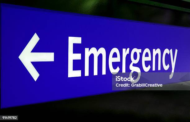 Blue Emergency Sign With Arrow Stock Photo - Download Image Now - Accidents and Disasters, Blue, Color Image