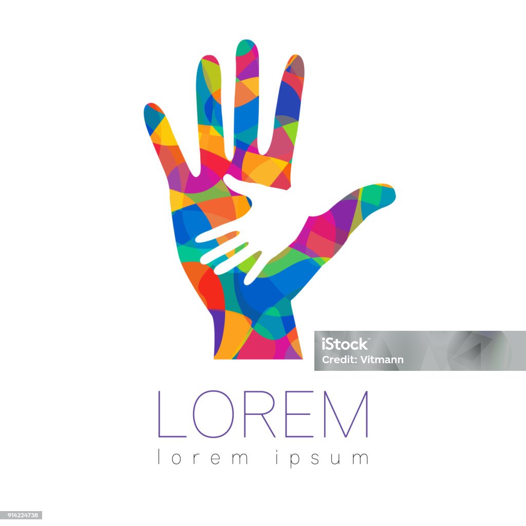 Vektor-Illustration. Symbol der Liebe. Zeichen der hand isolierten auf weißen Hintergrund. Regenbogen Farbe Symbol Unternehmen, Web, print-Karte. Modernes helles Element. Waisen Hilfe Kids Kampagne. Familie mit Kindern - Lizenzfrei Kind Vektorgrafik