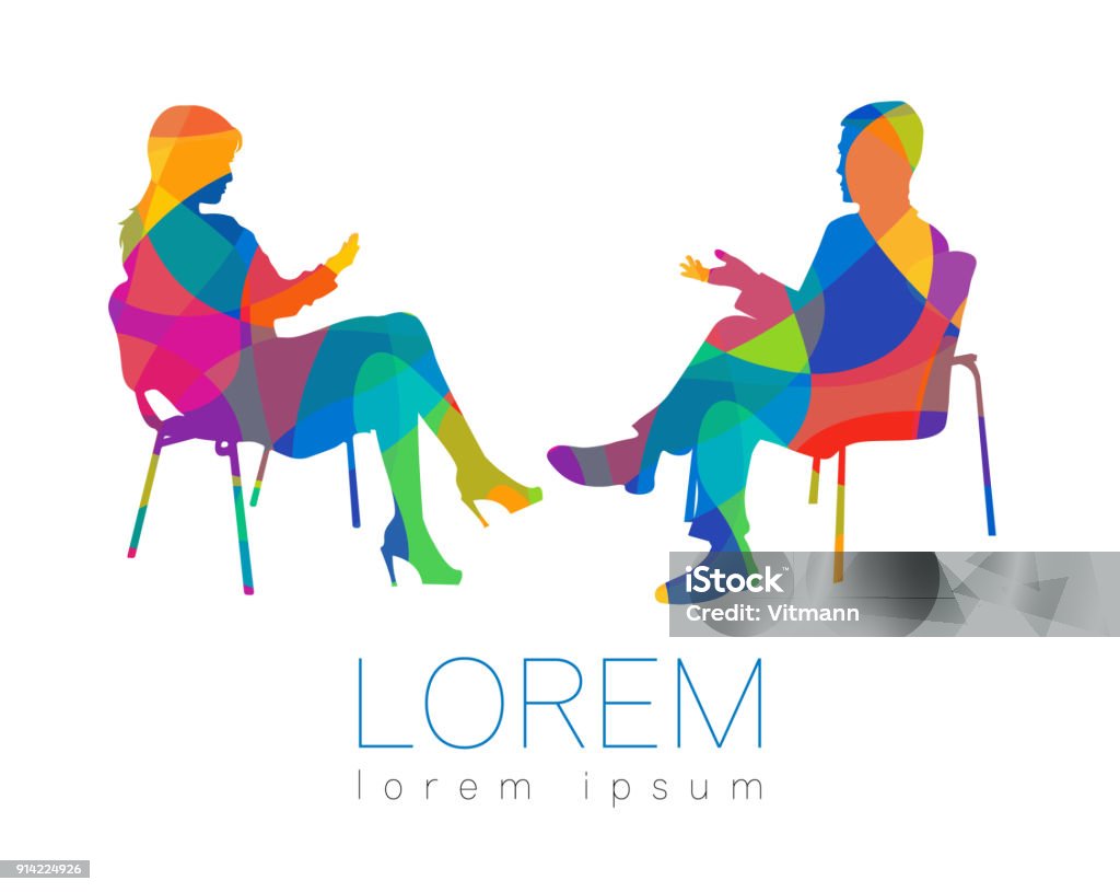 La gente parla. Sessione di consulenza o psicoterapia. Uomo donna che parla mentre è seduta. Profilo silhouette. Simbolo moderno simbolo. Segno concettuale di design. Arcobaleno luminoso e colorato. - arte vettoriale royalty-free di Psicoterapeuta